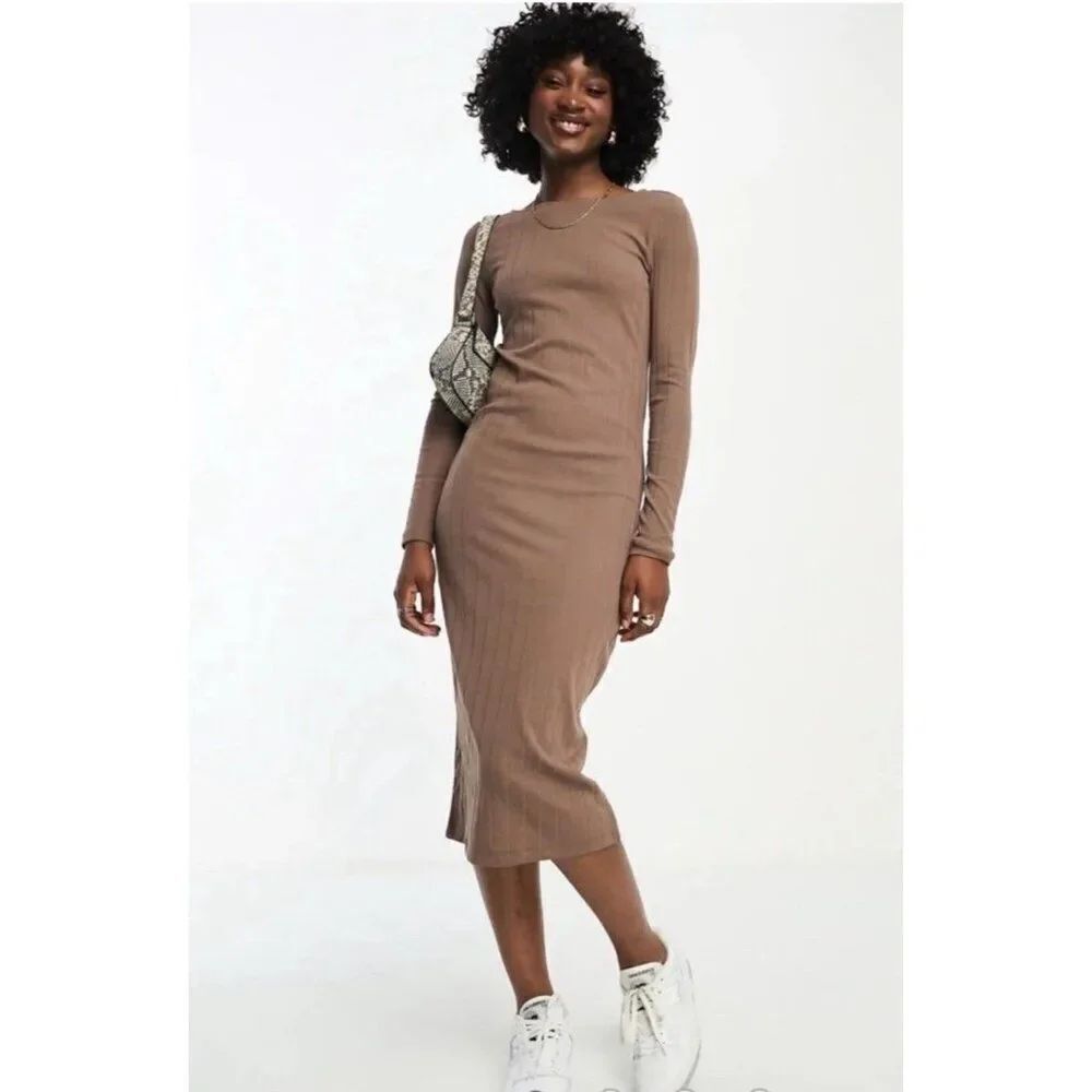 vera moda solid Fossil Vmaggi brown long sleeve midi dress knit Large